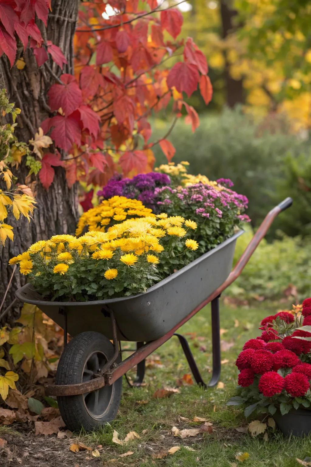 A wheelbarrow bursting with colorful mums, brightening any fall garden.
