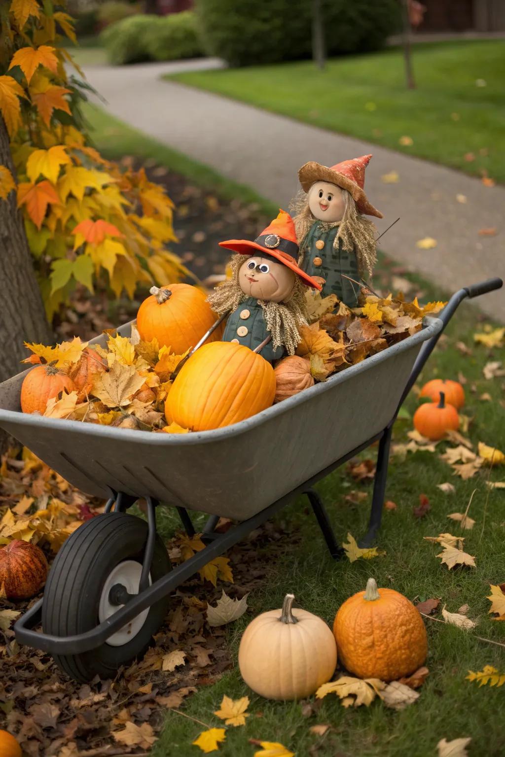 Scarecrows add whimsy and charm to this autumn wheelbarrow setup.