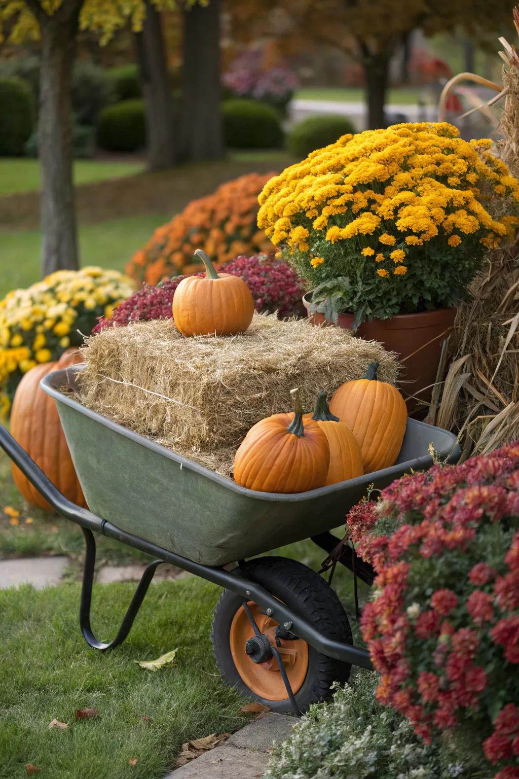 Hay bales provide a perfect base for this rustic fall wheelbarrow display.