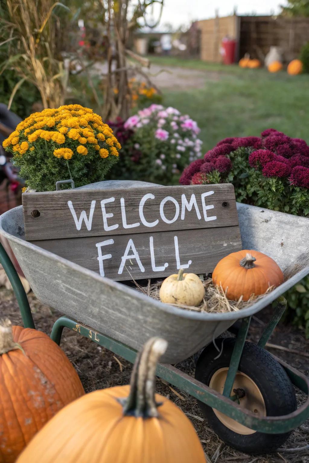 A rustic wooden sign welcomes fall in this charming wheelbarrow setup.