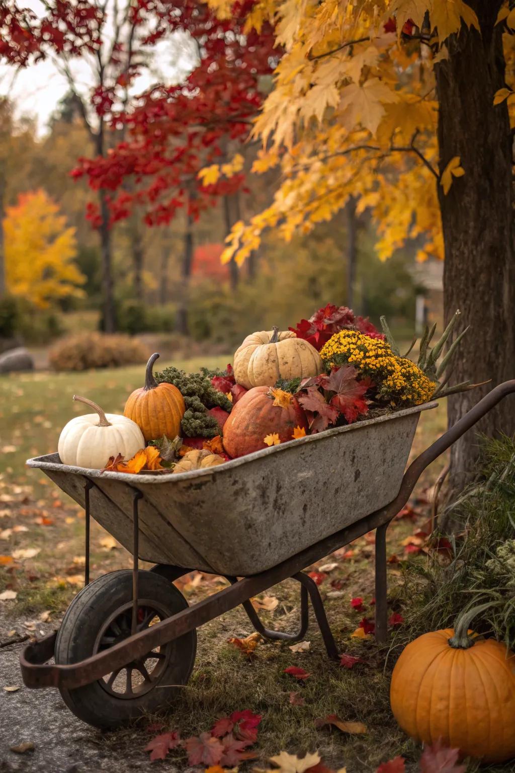 A weathered wheelbarrow brings timeless rustic charm to this fall display.