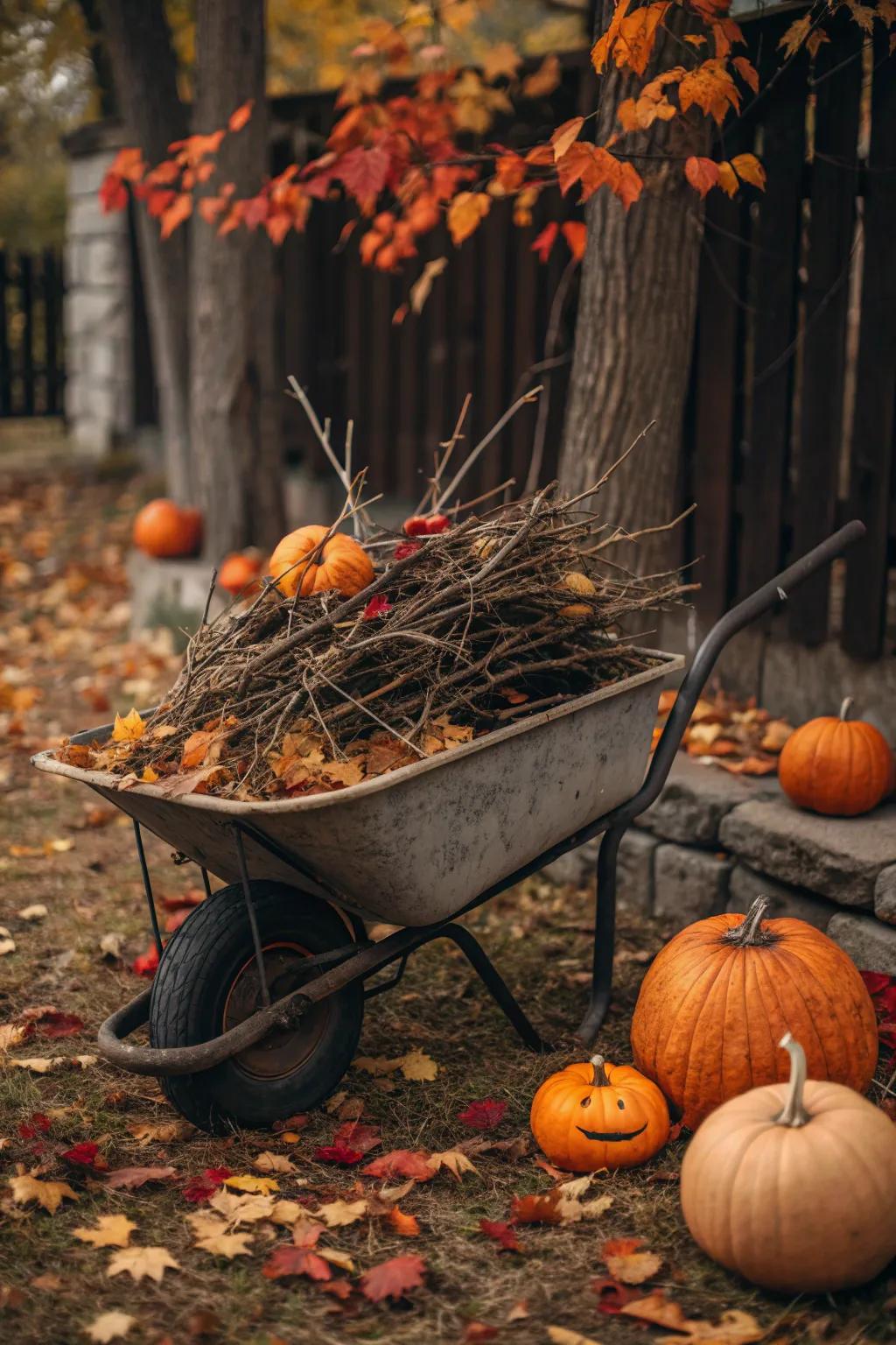 Twigs and branches add a natural, woodland touch to this fall wheelbarrow.