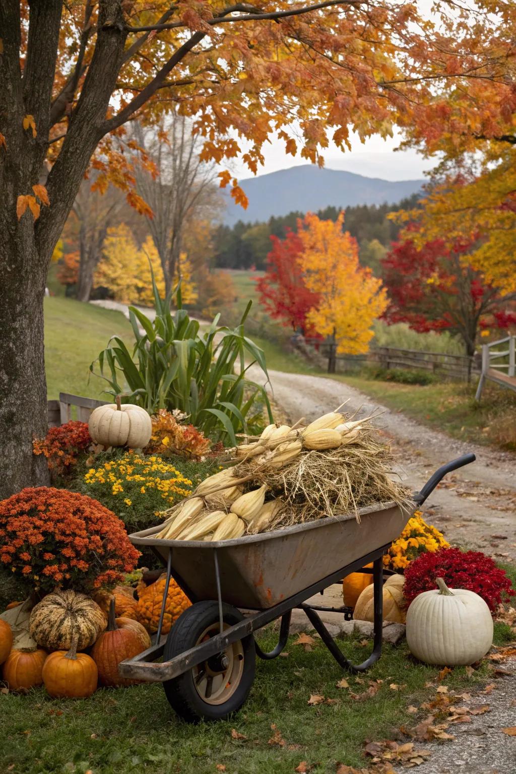 Corn husks evoke a harvest feel in this delightful wheelbarrow decoration.