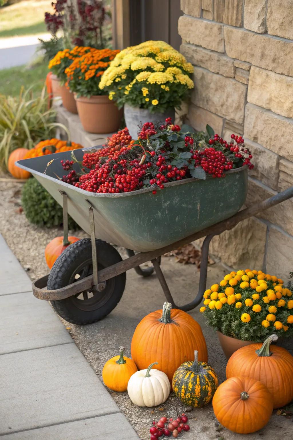 Berry garlands add a colorful touch to this charming autumn wheelbarrow.