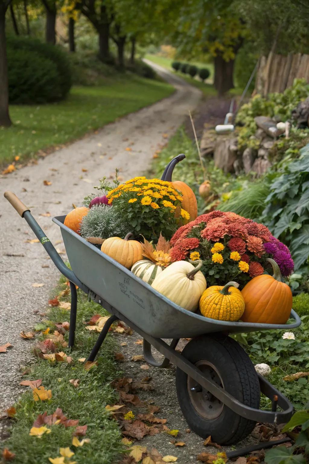 Cottage garden flowers add romance and whimsy to this fall wheelbarrow.