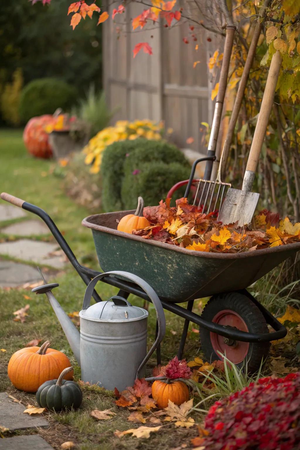 Vintage items add character and a sense of history to this wheelbarrow display.