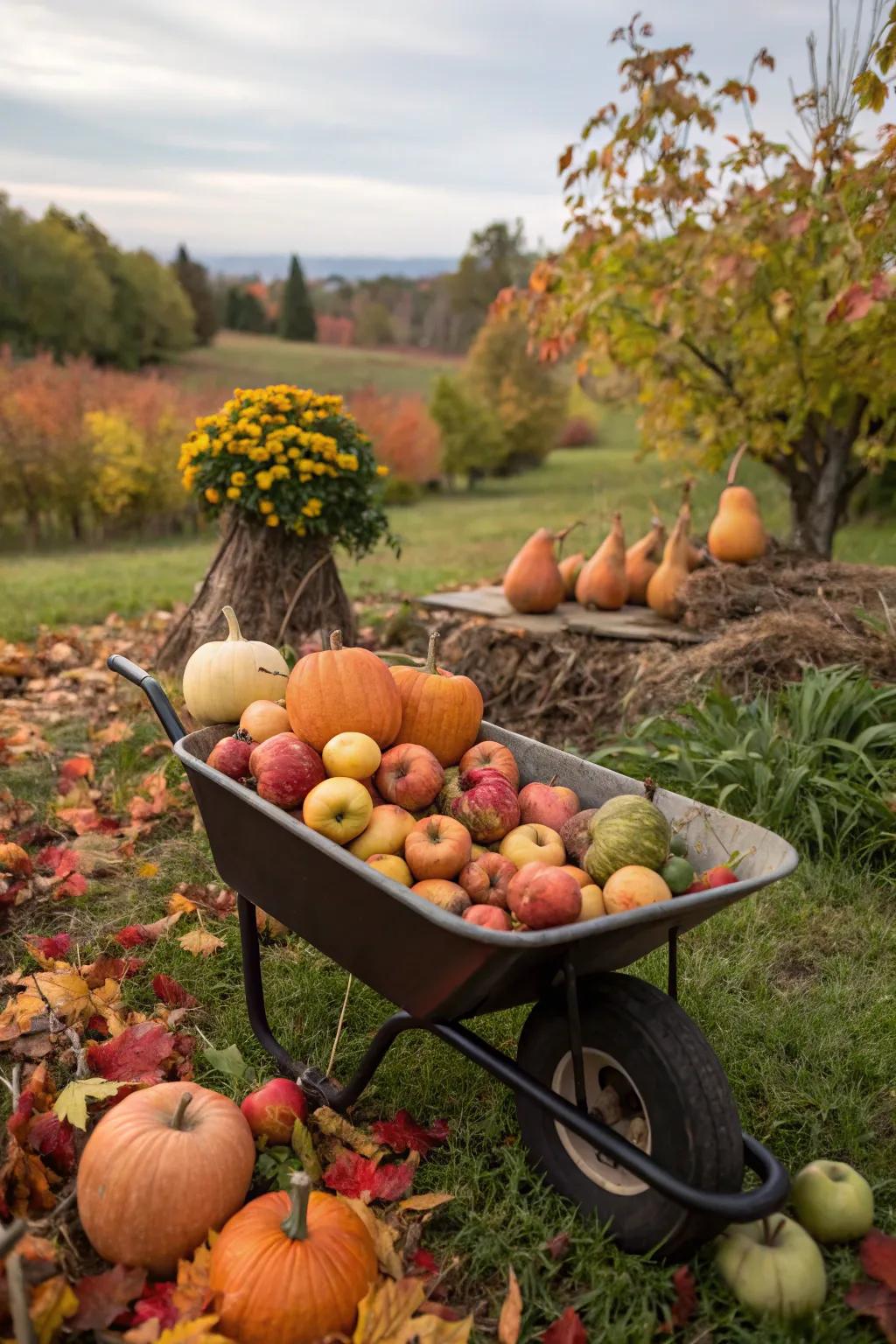 Edible elements like apples and pears add a delicious touch to this display.