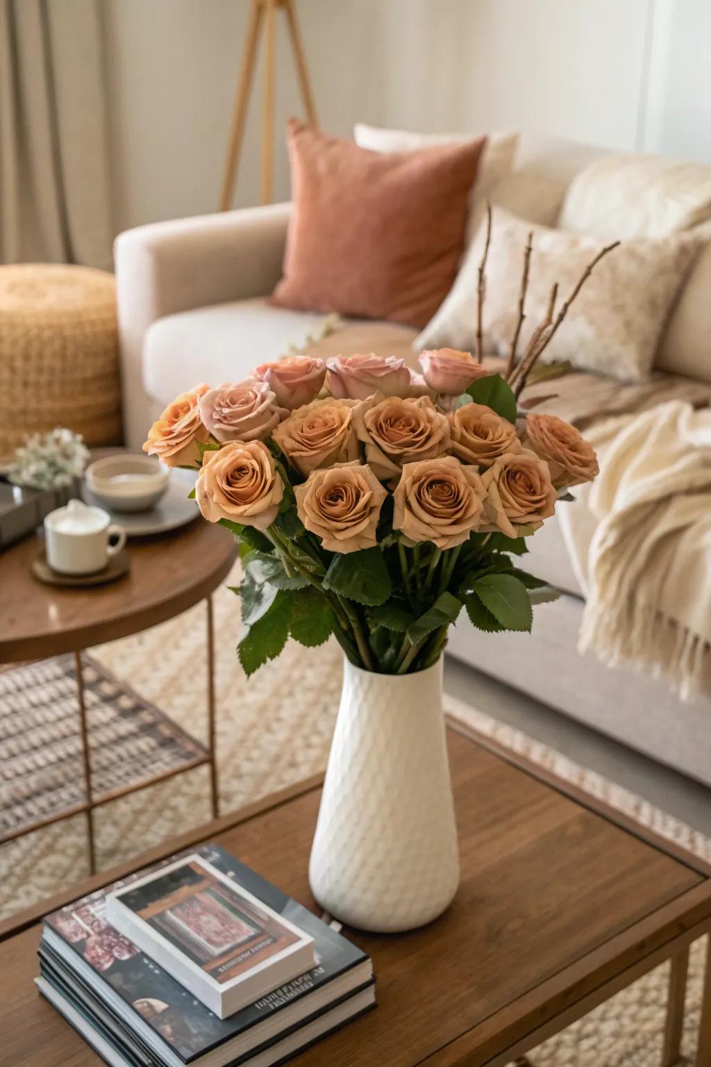 Earthy-toned roses add subtle elegance to any space.