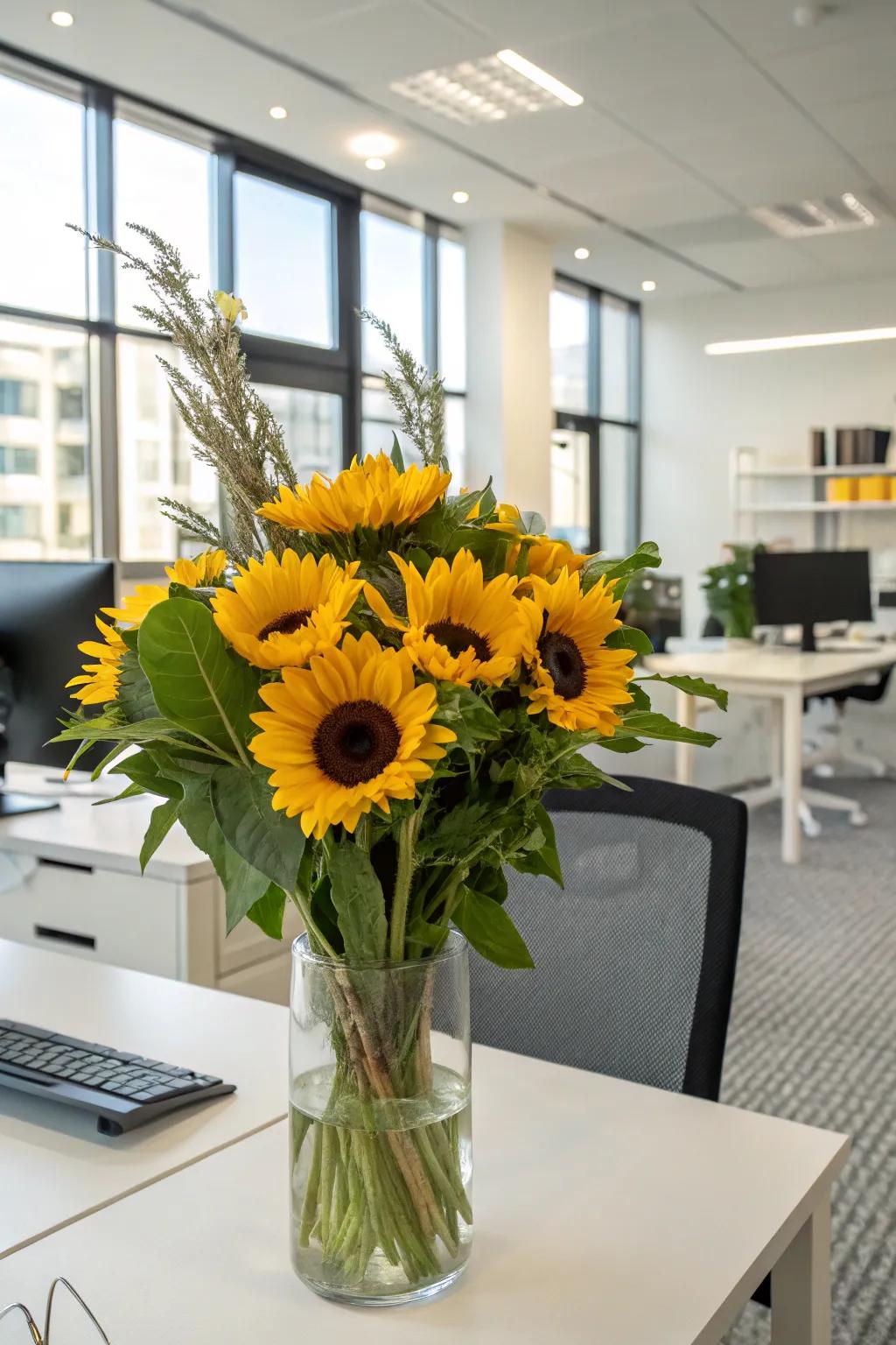 Sunflowers bring a bold and cheerful vibe to any office.