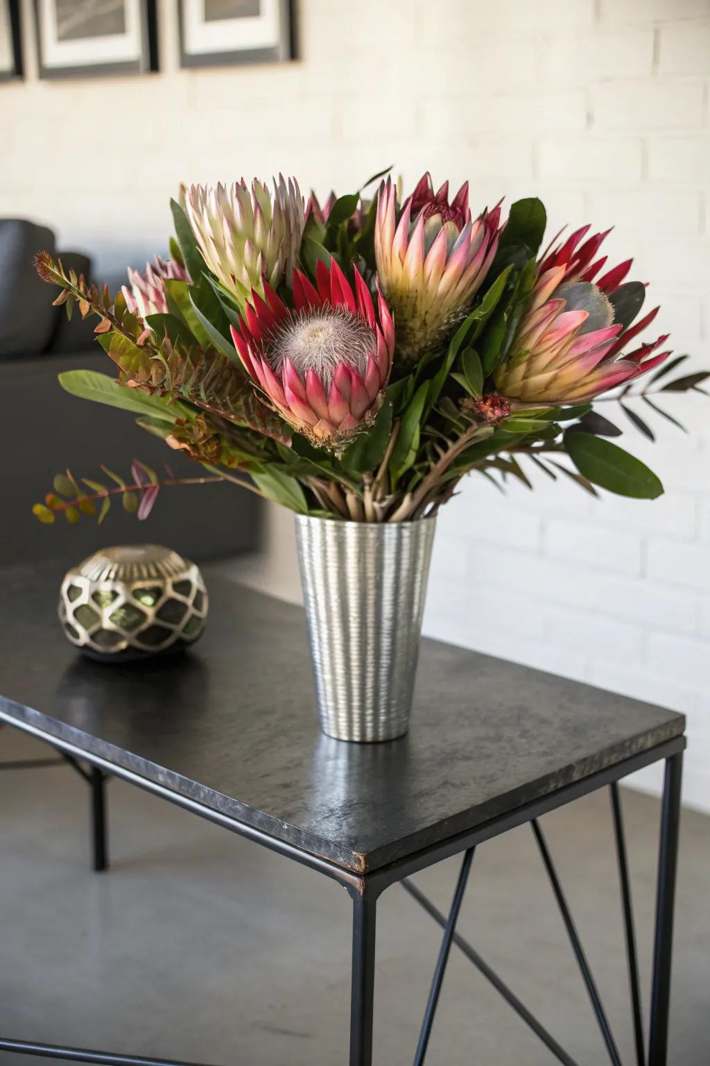 Proteas add an adventurous and exotic flair.