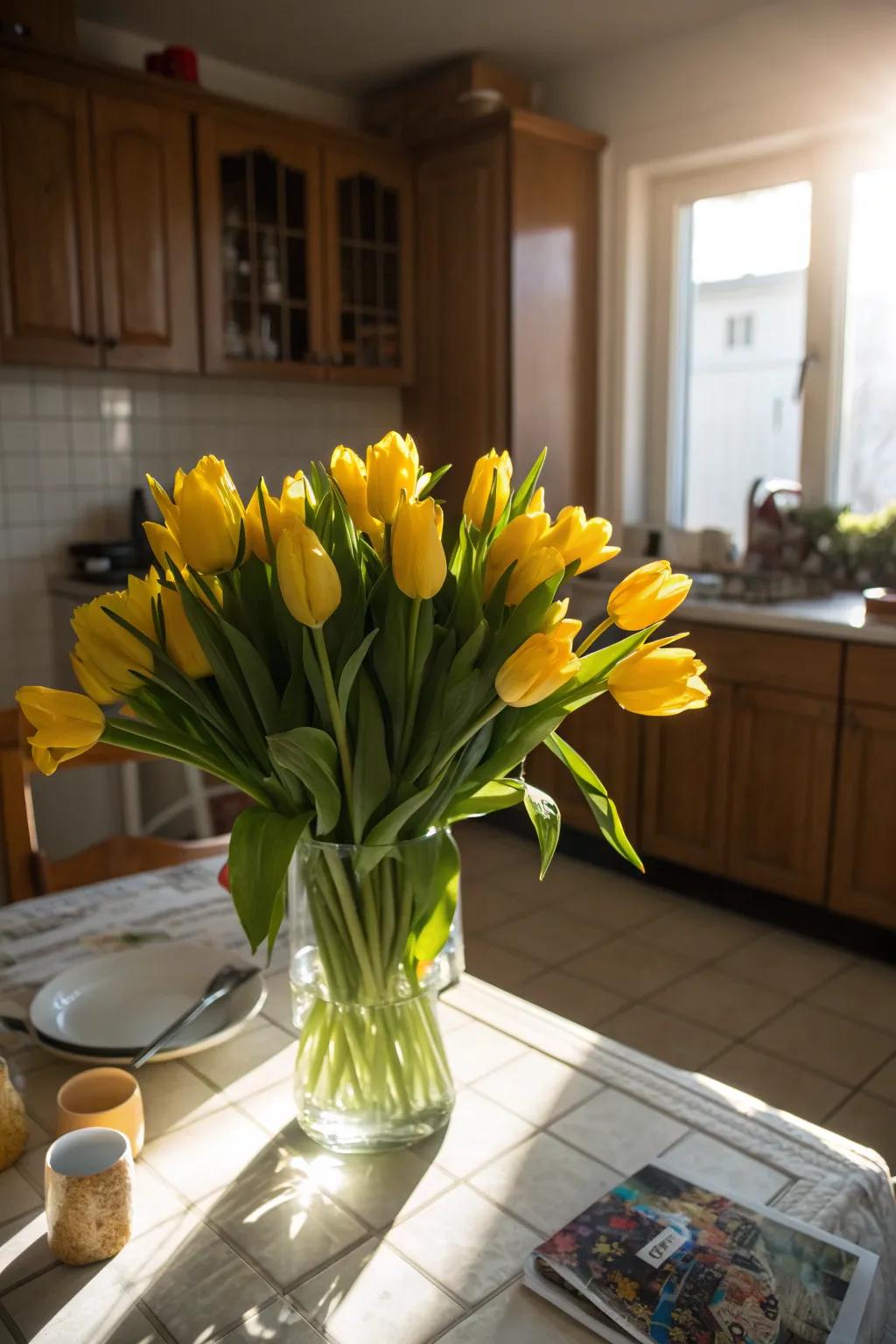 Yellow tulips bring cheerful warmth to any space.