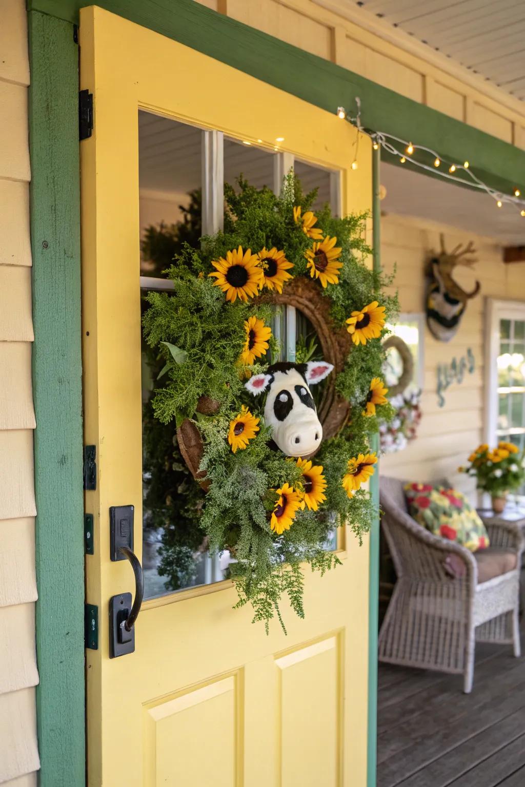 Floral cow charm with sunflowers and greenery.