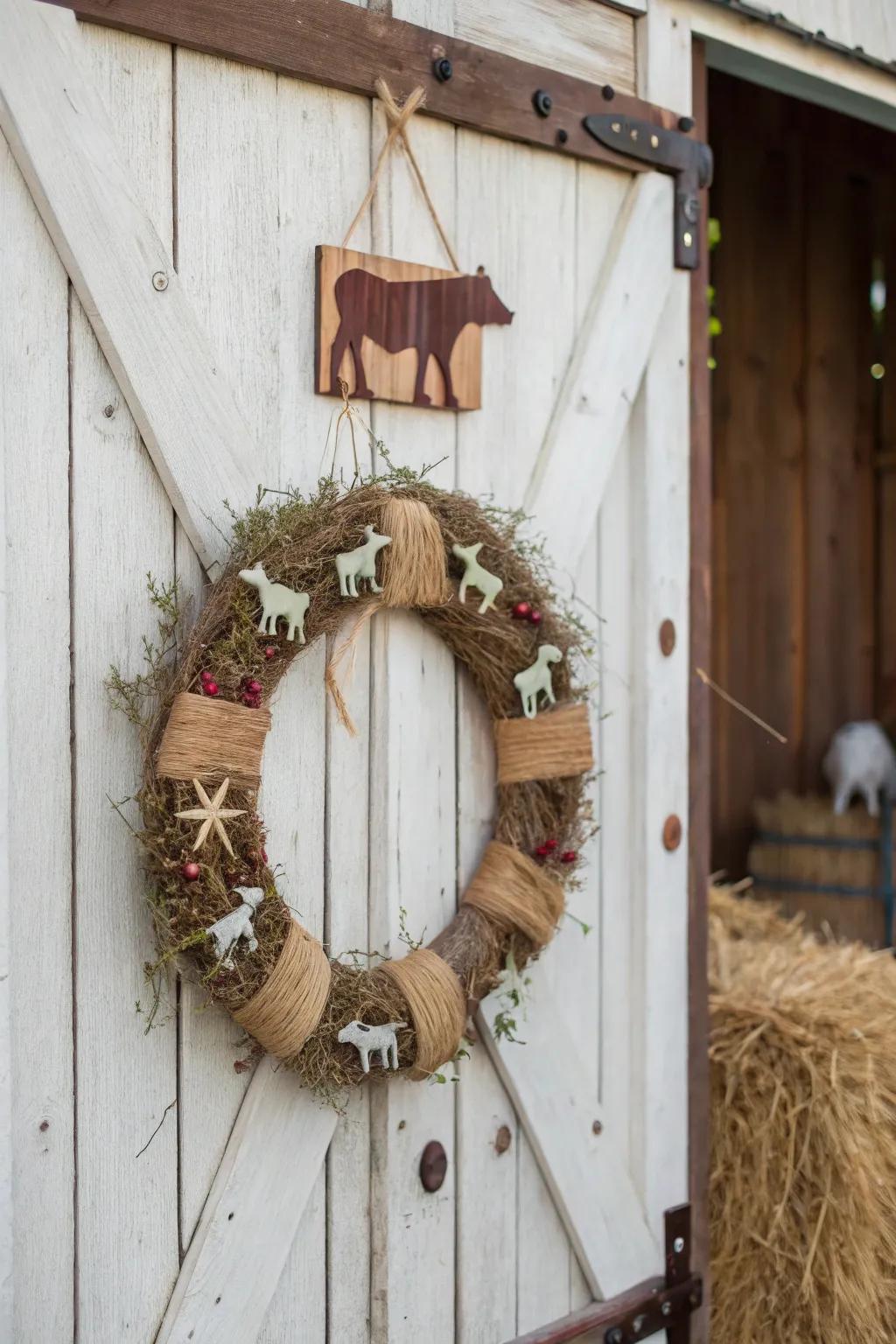 Farmhouse elegance with wooden textures and cow motifs.