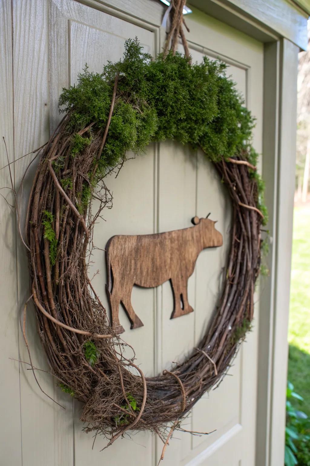 Nature-inspired cow wreath with earthy elements.