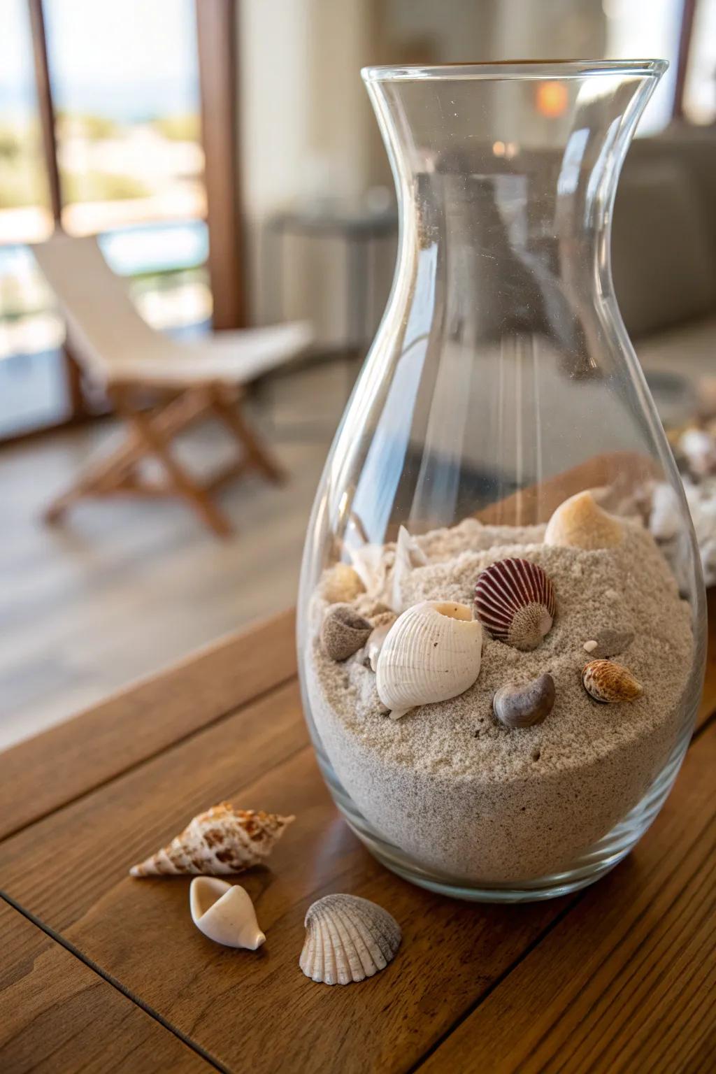 A clear glass vase filled with sand and seashells offers an elegant coastal touch.