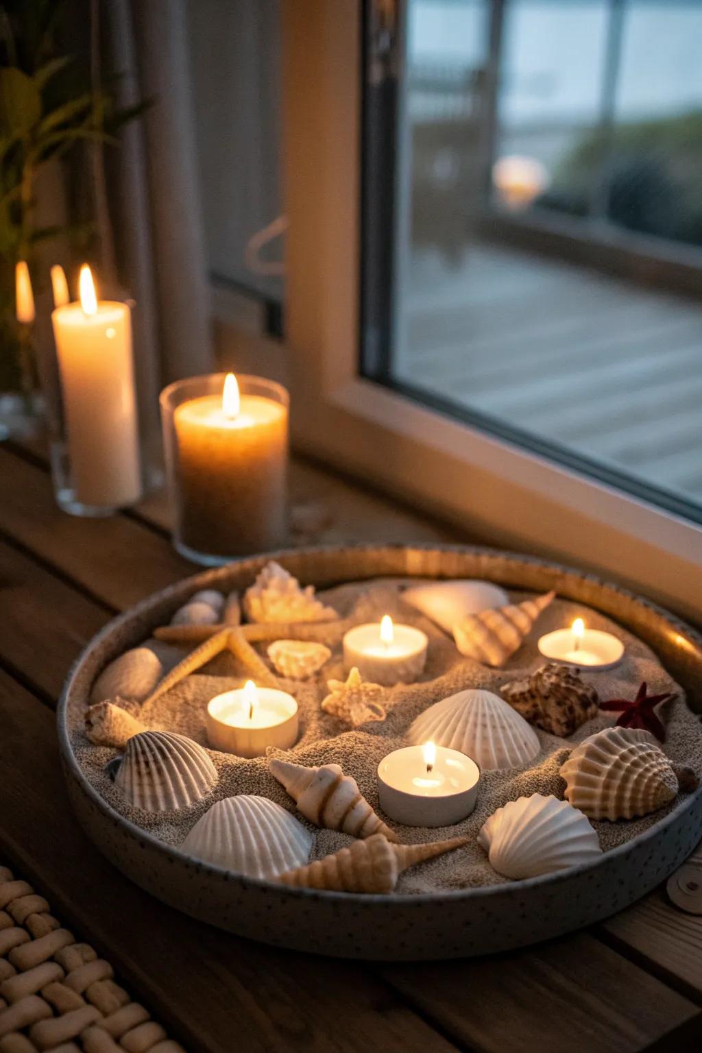 Create a cozy ambiance with tealights nestled among seashells.