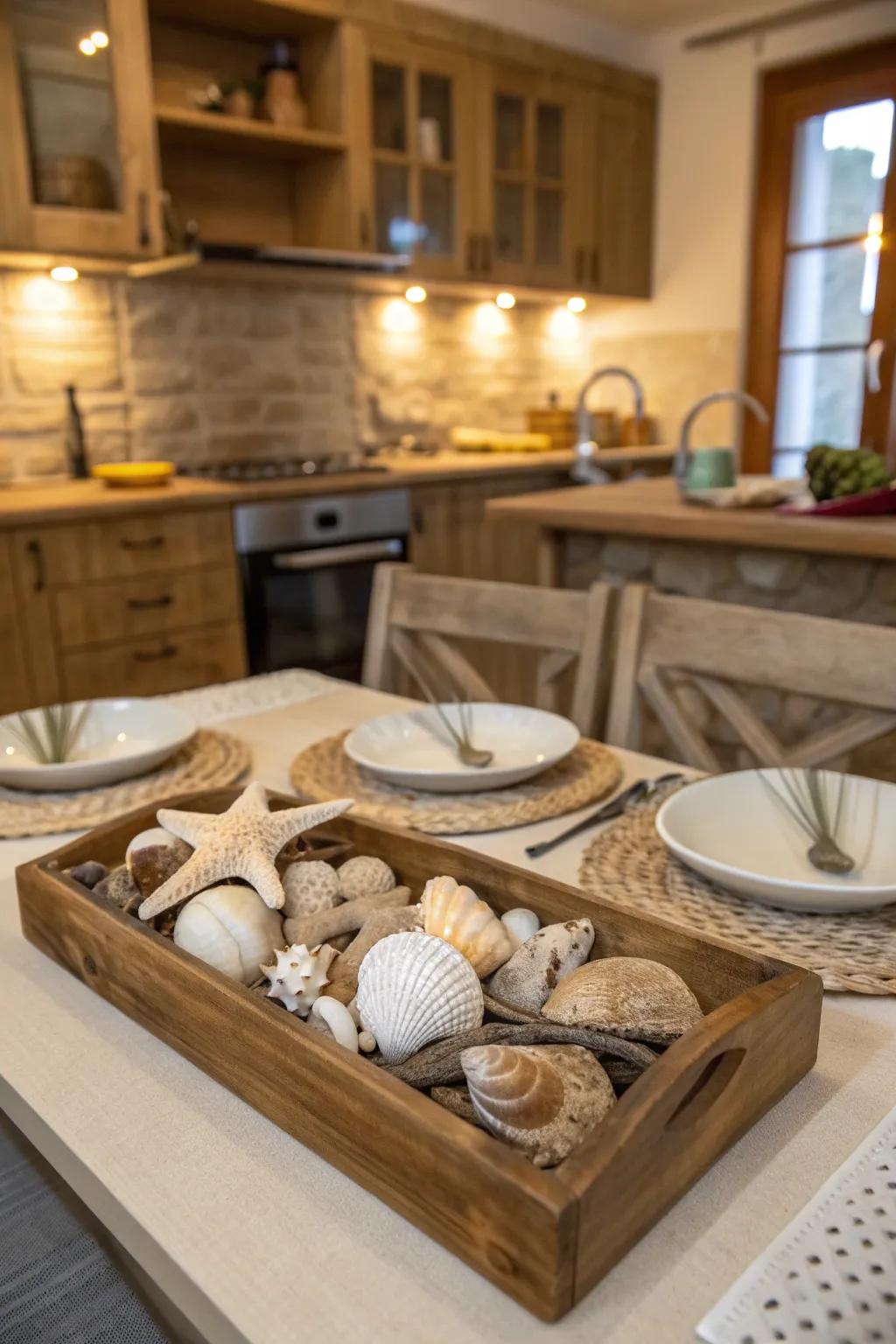 A wooden tray creates a rustic base for a beach-themed centerpiece.