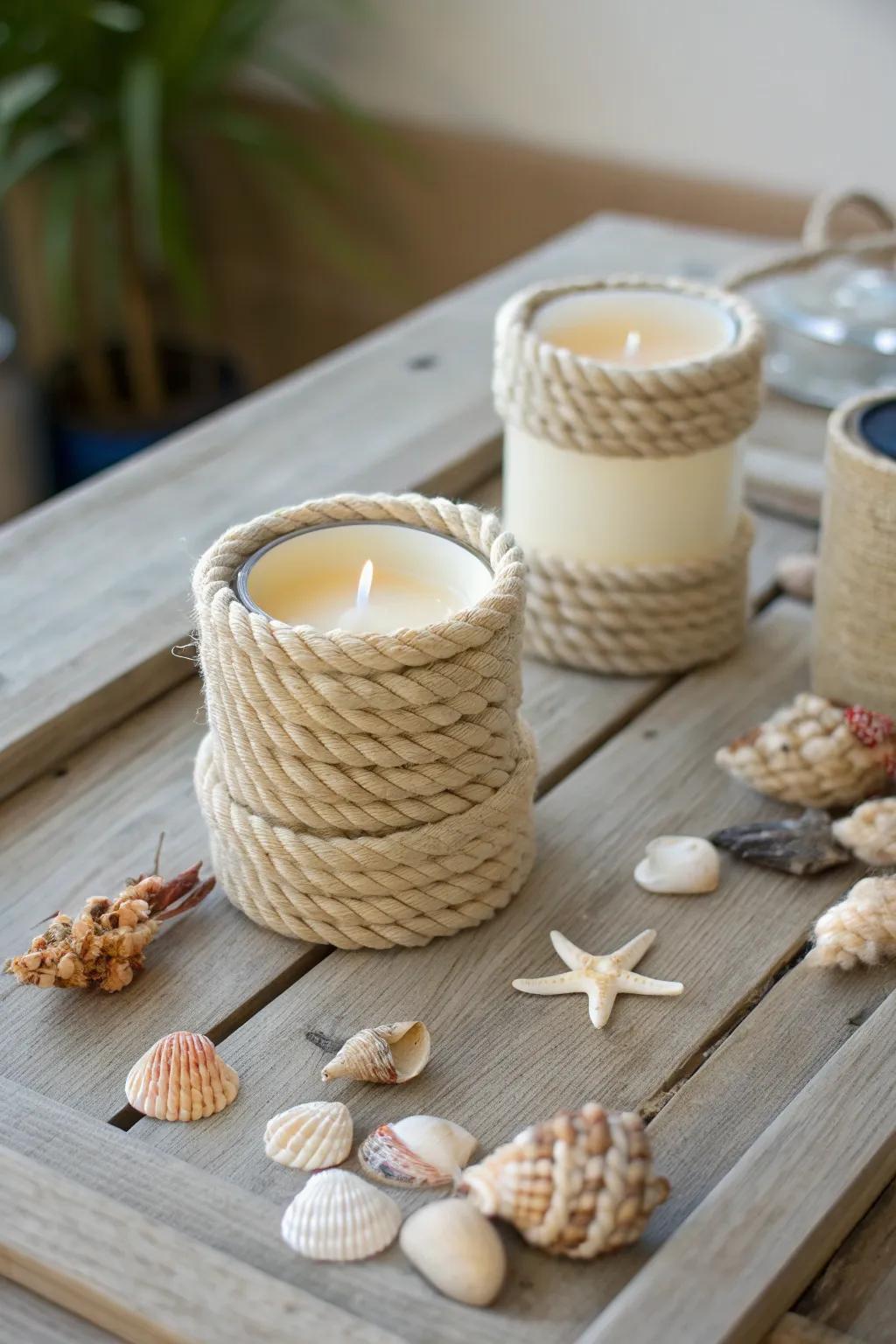 Nautical rope adds a charming seaside flair to candle holders.