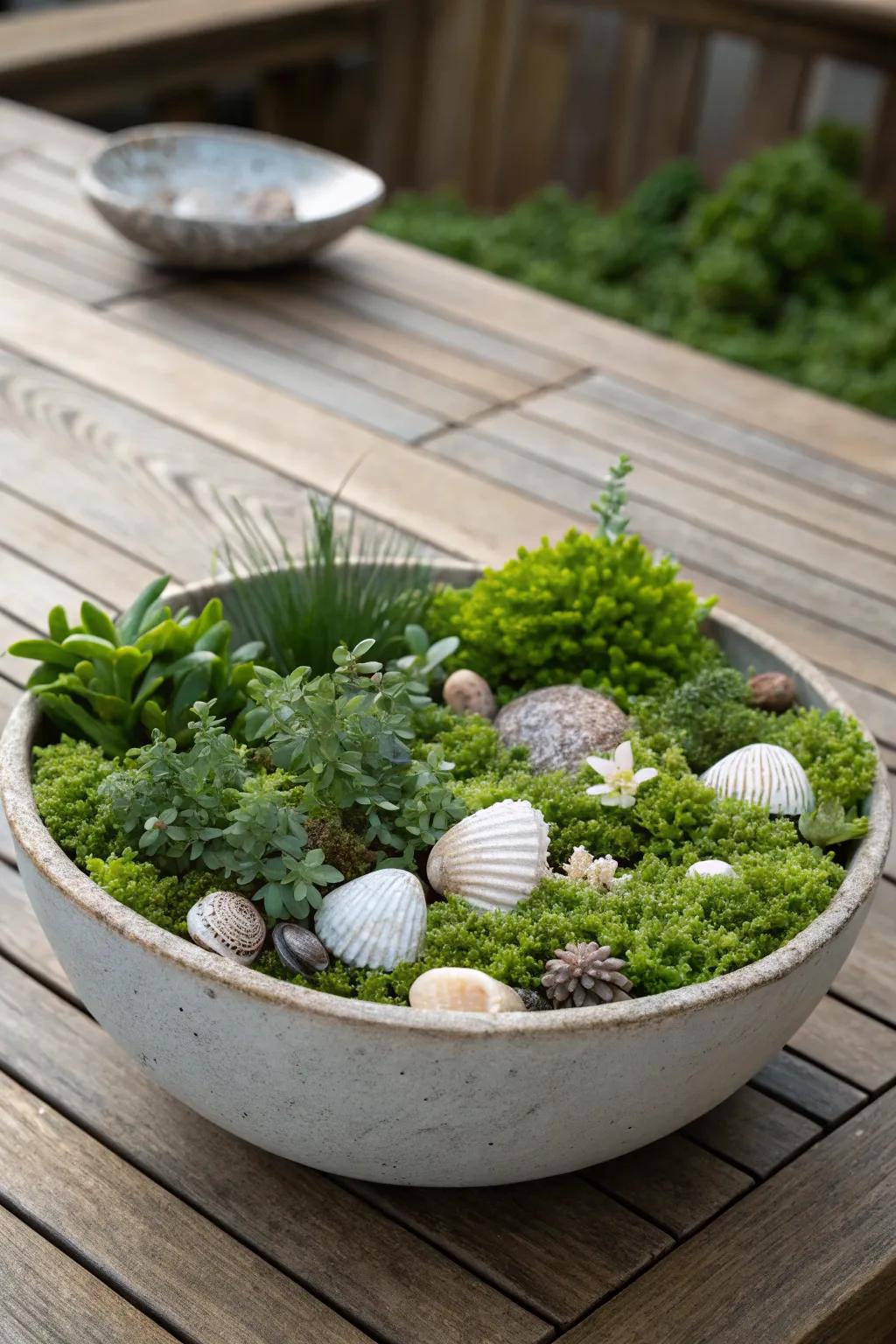 A blend of greenery and seashells brings a refreshing touch to any centerpiece.
