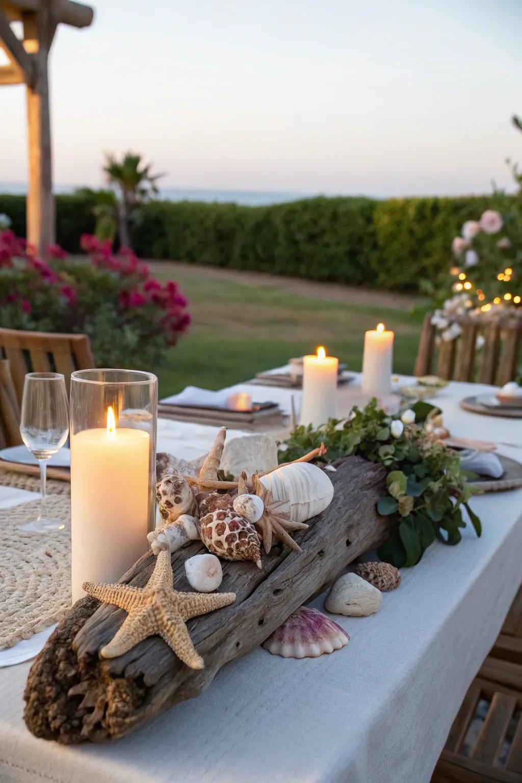Driftwood adorned with seashells offers an artistic and natural centerpiece.
