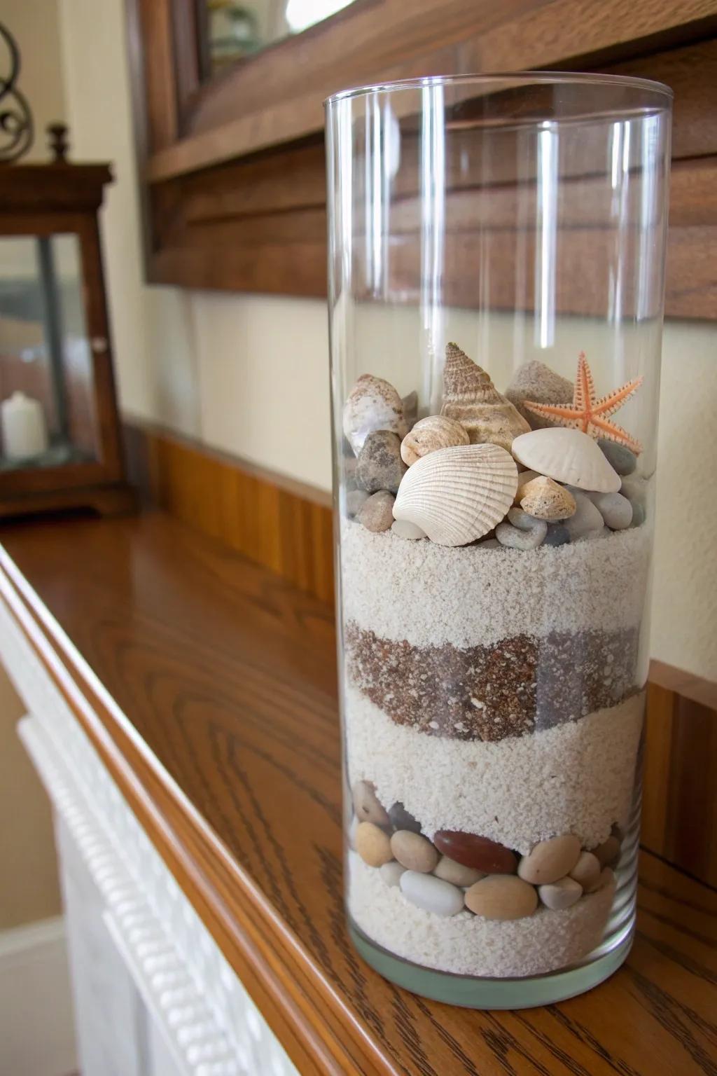 Layered sand and shells create depth and texture in a glass cylinder.