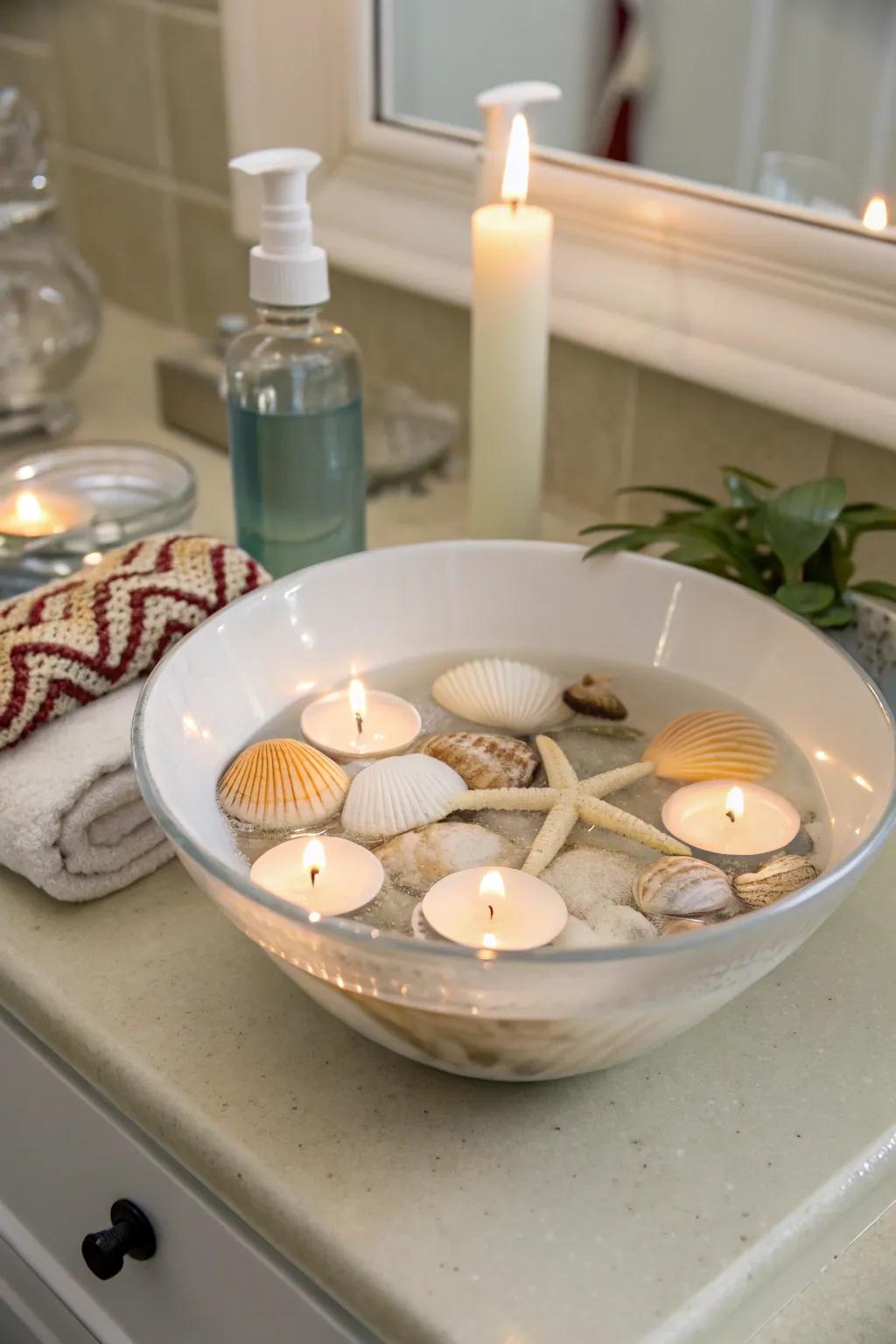 Floating seashells and candles offer a serene, spa-like centerpiece.