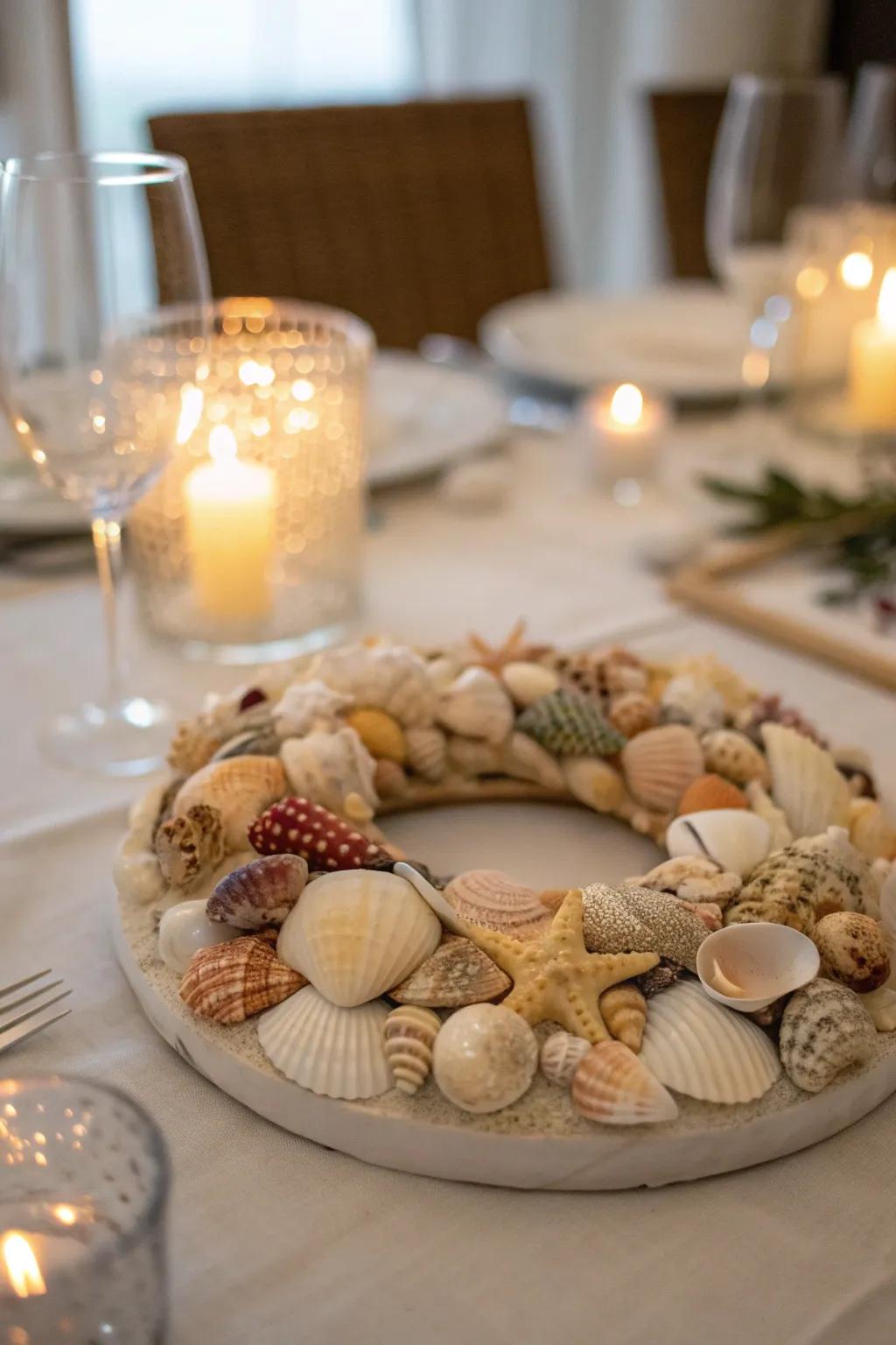 A seashell wreath adds elegance and creativity to your table centerpiece.