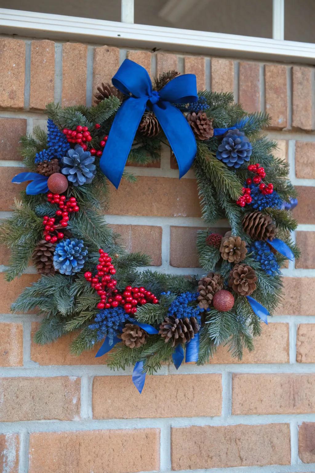 A serene cobalt and pinecone wreath for Hanukkah.