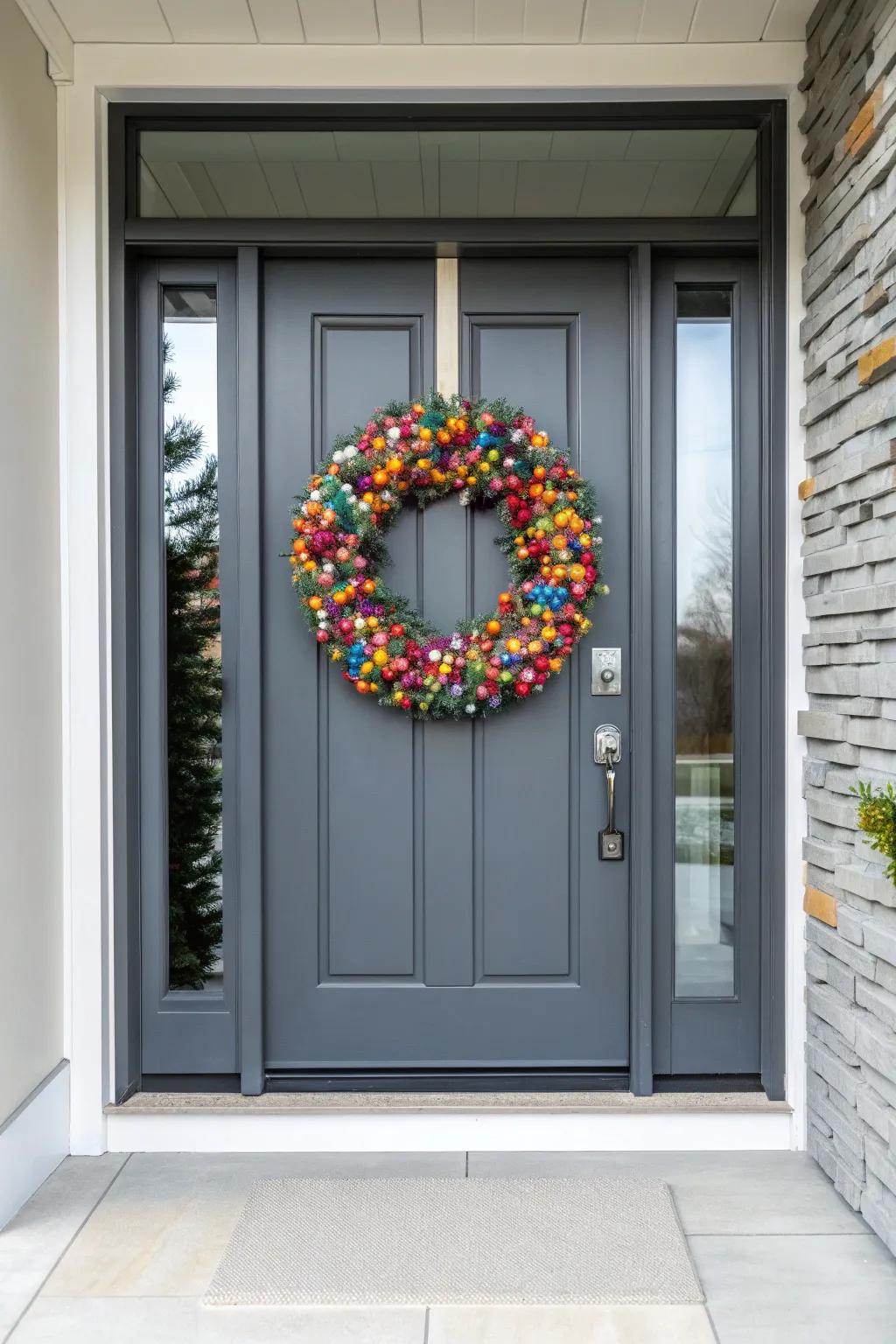 A whimsical dreidel-covered wreath for a playful Hanukkah touch.