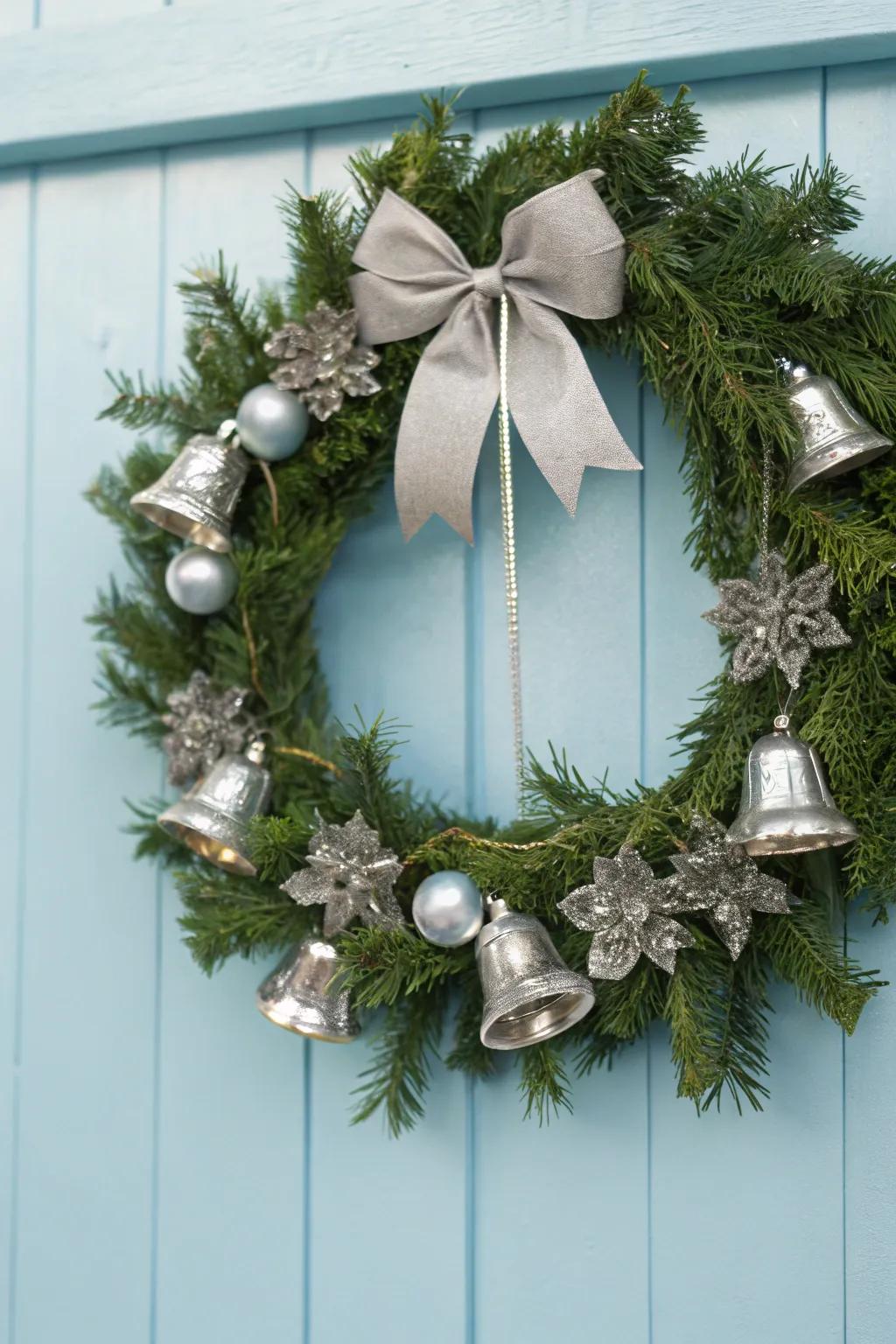A charming wreath with silver bells and bows for Hanukkah.