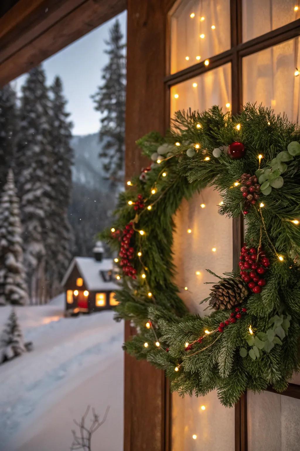 A glowing wreath with twinkling lights for a magical touch.