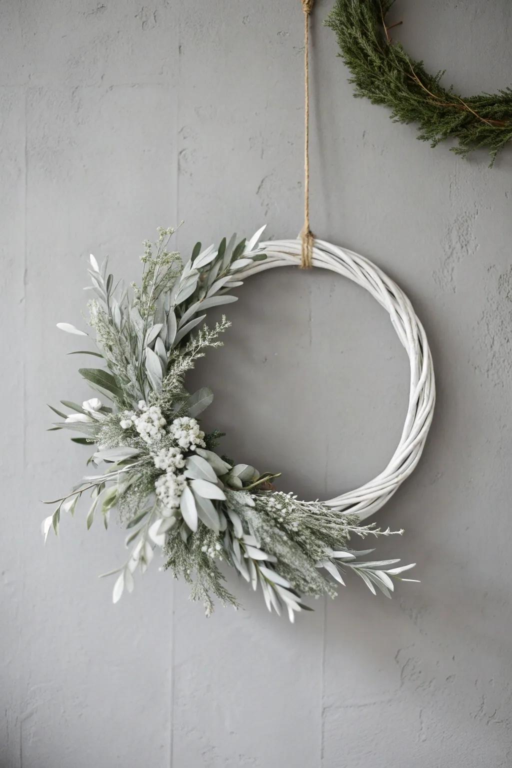 A sleek silver and white wreath for modern elegance.
