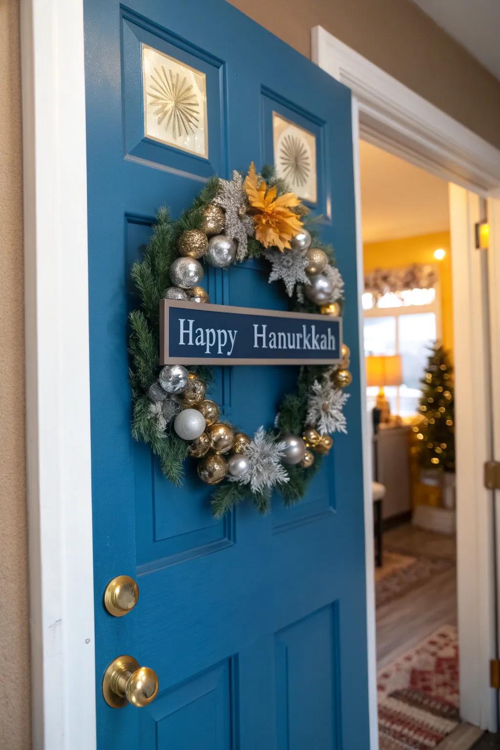 A welcoming wreath with a festive Hanukkah message.