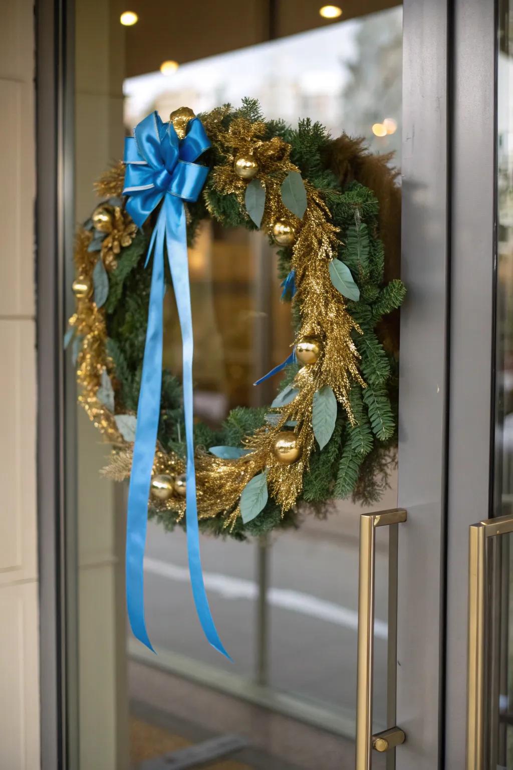 A luxurious wreath with gold accents for Hanukkah.