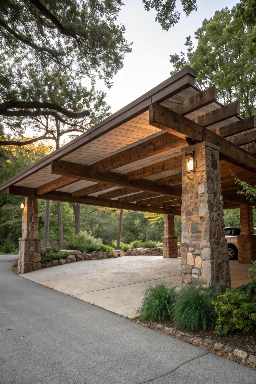 Wood and stone bring a touch of nature to carport design.