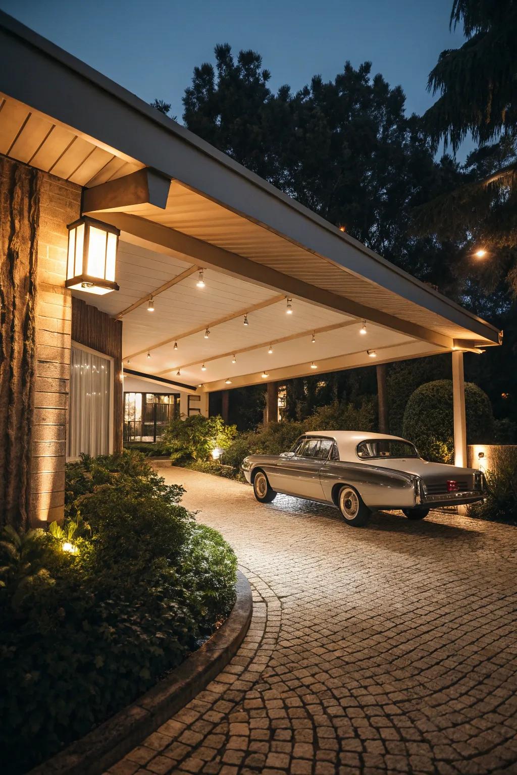 Ambient lighting adds warmth to this carport.