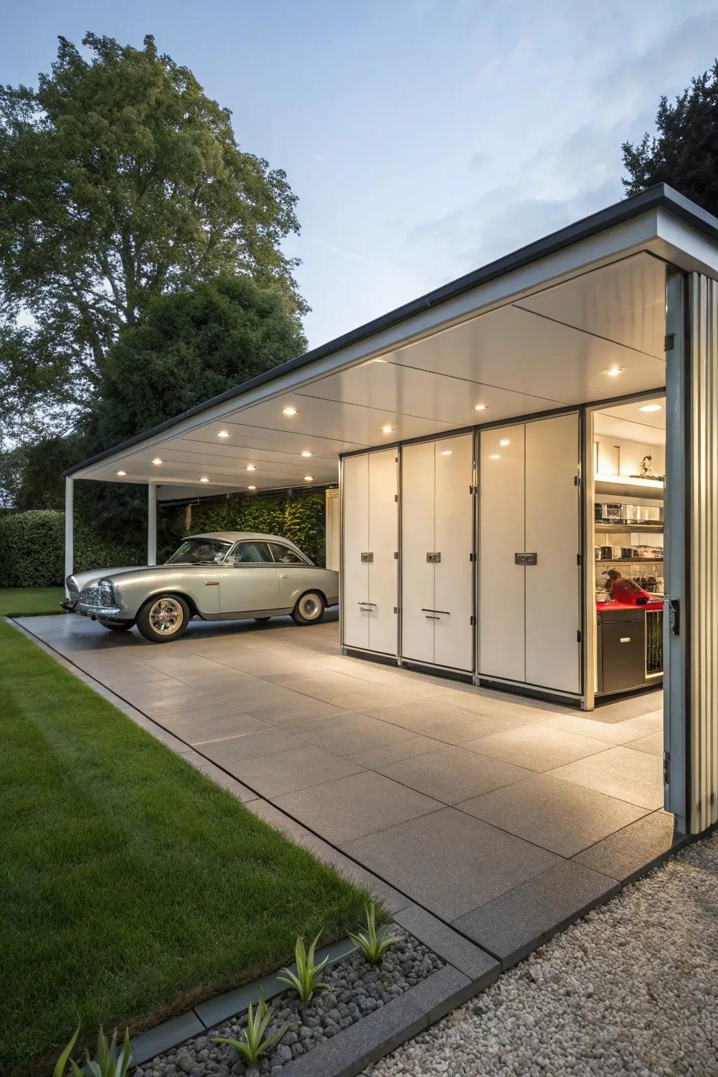 Smart storage solutions enhance this carport's utility.