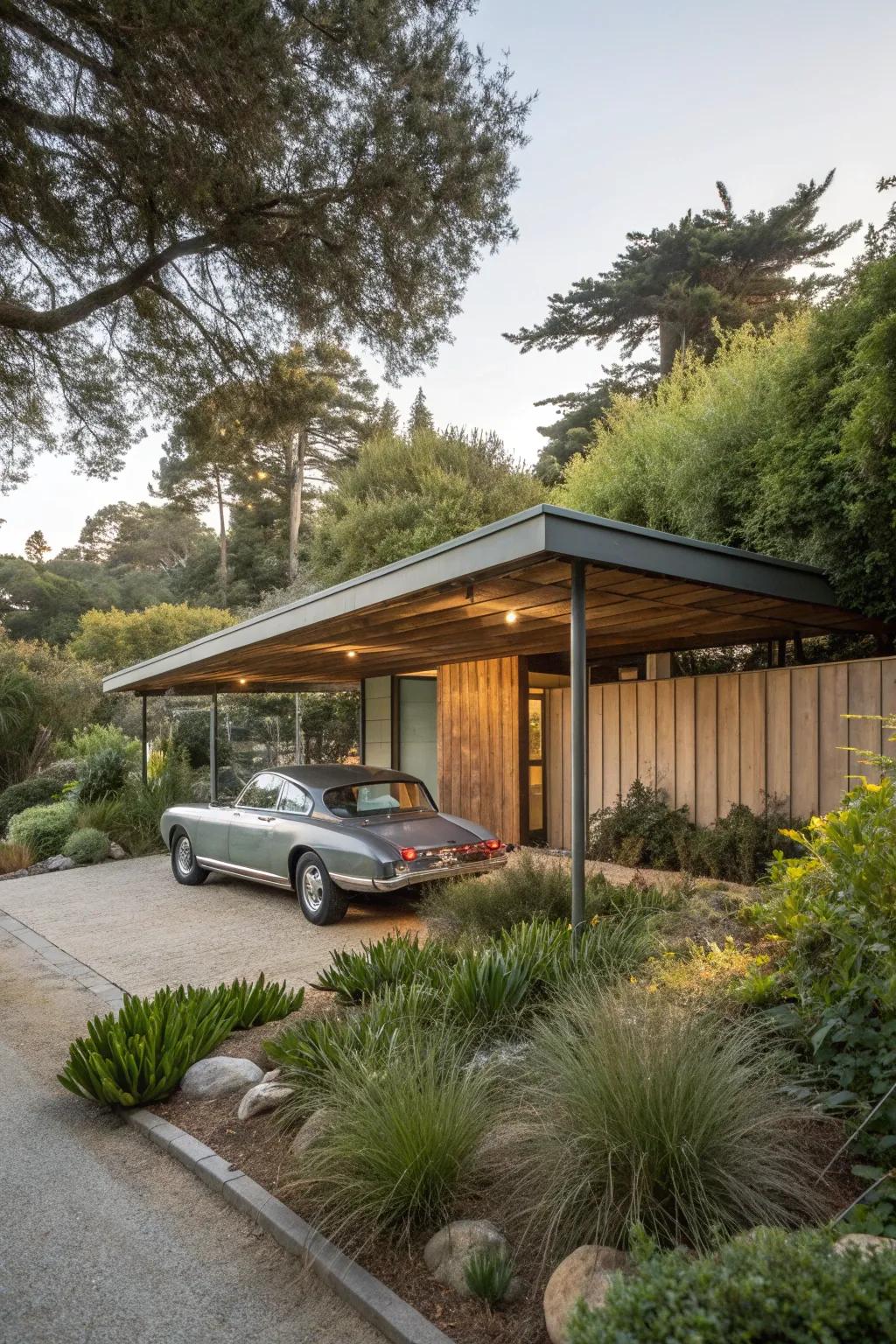 Sustainable materials create an eco-friendly carport.