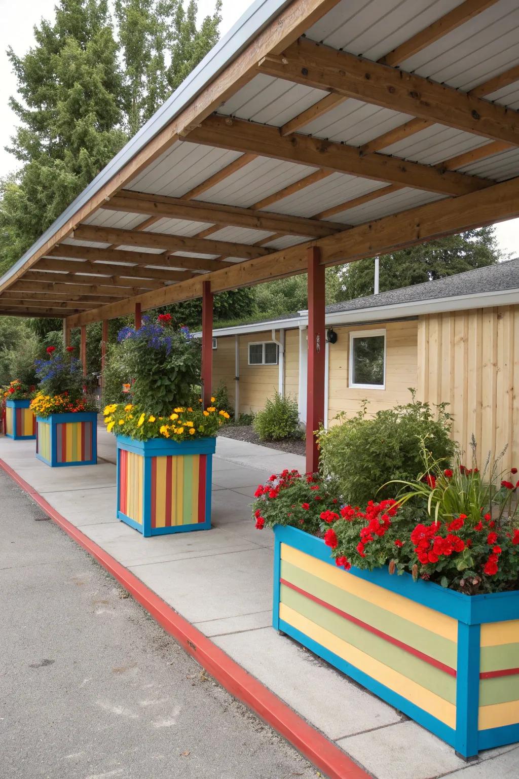 Colorful accents add personality to this carport.