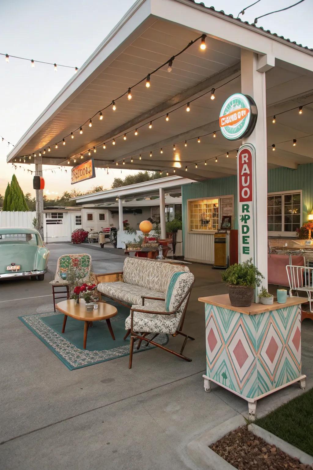 Vintage decor brings a nostalgic touch to this carport.