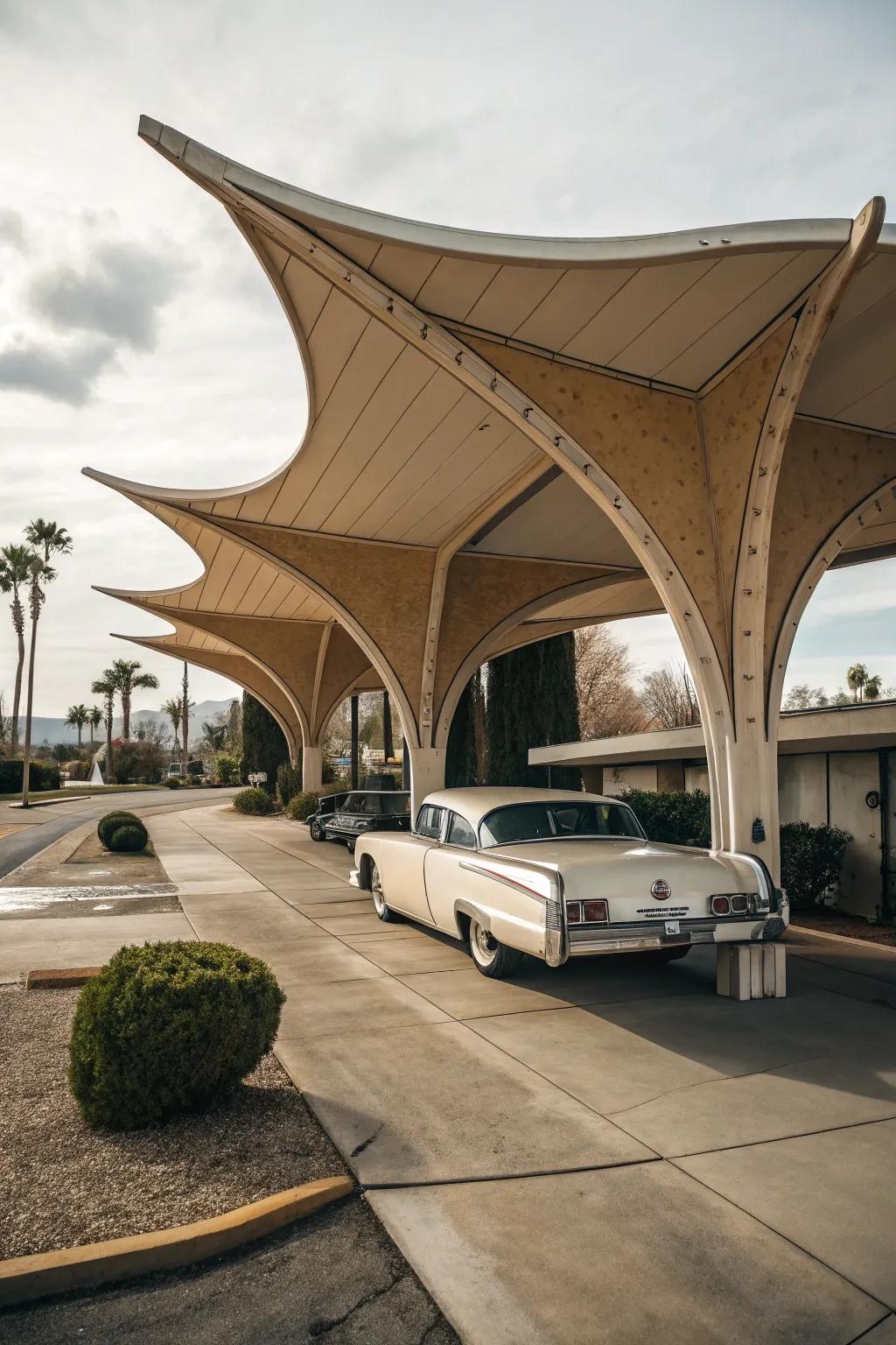 Artistic roof shapes turn this carport into a highlight.