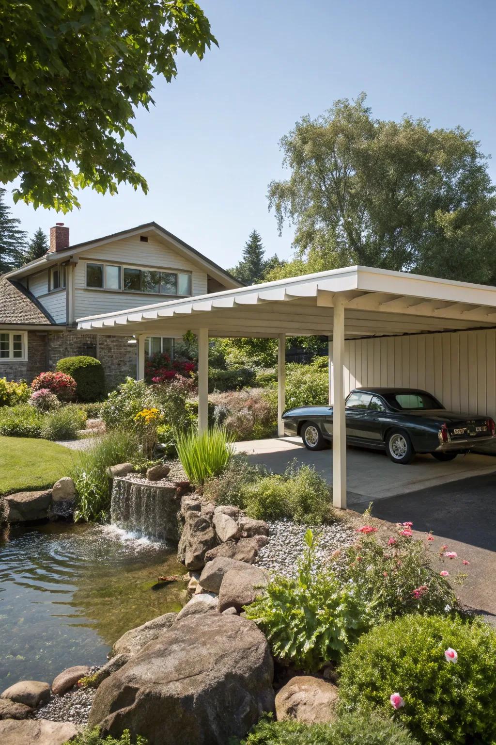 A water feature adds tranquility to this carport.