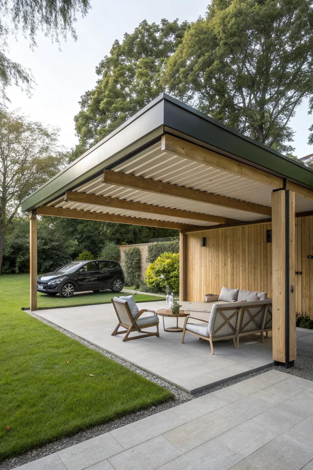 An integrated seating area adds functionality to this carport.