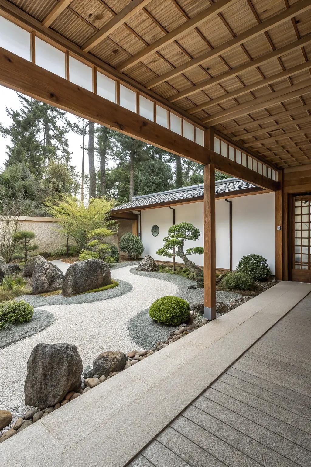 A Zen garden adds peace and tranquility to this carport.