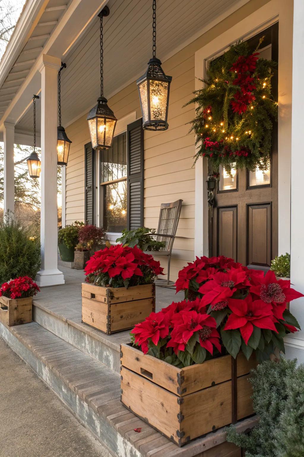 A cozy porch adorned with poinsettias to welcome guests.