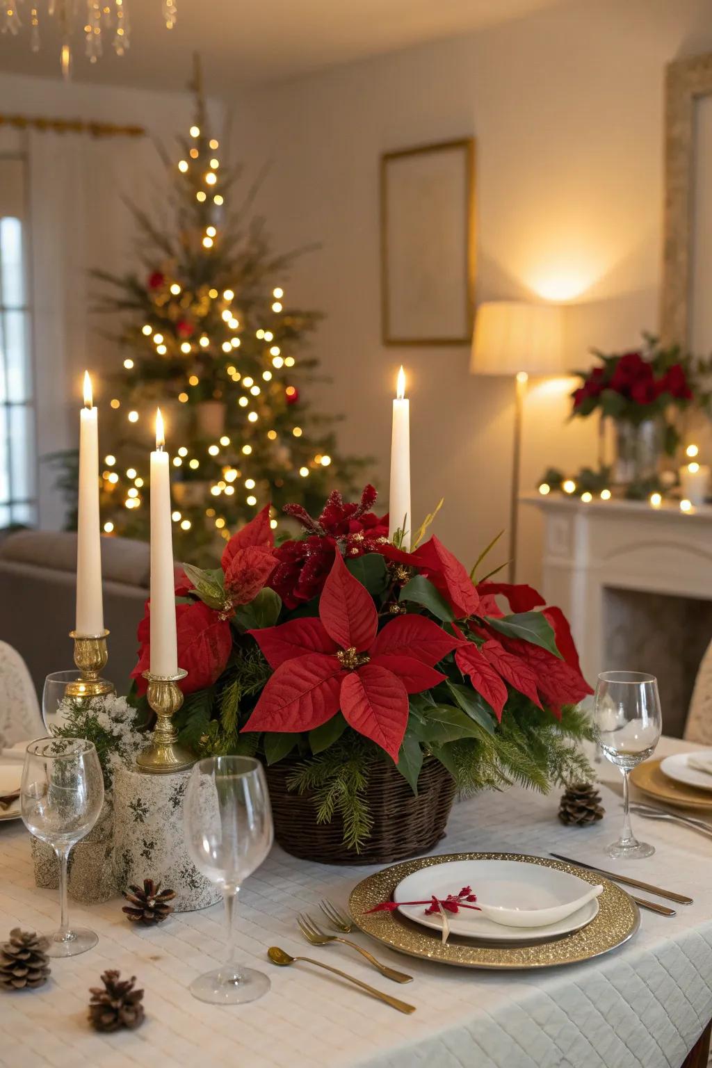 A festive poinsettia centerpiece ready to enhance your holiday feast.