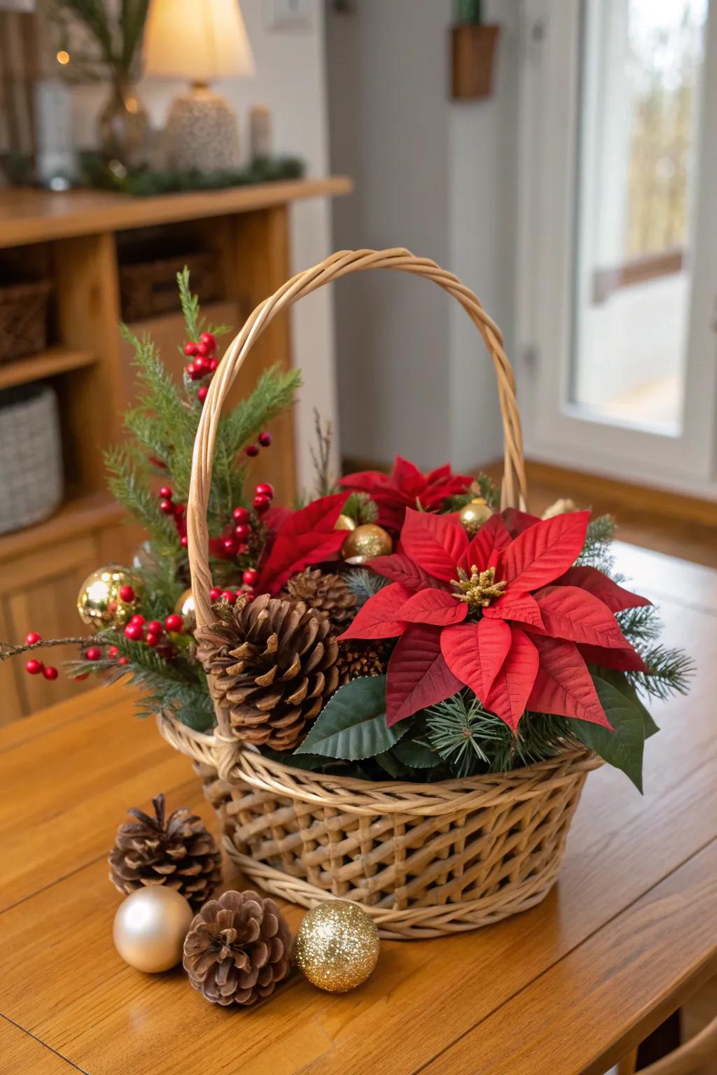 A basket of poinsettias brings festive joy to any room.