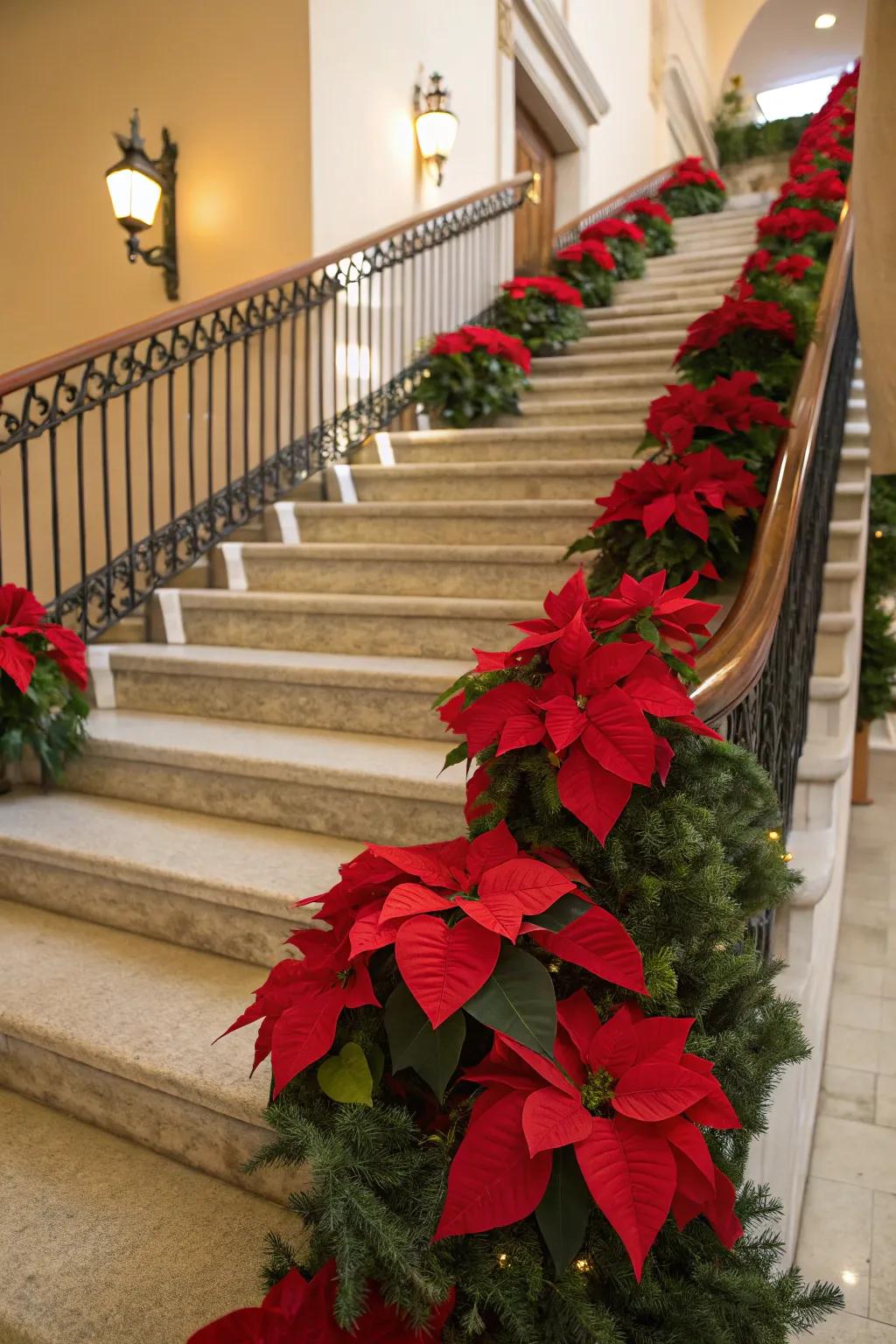 A stairway adorned with poinsettias adds a surprising splash of color.