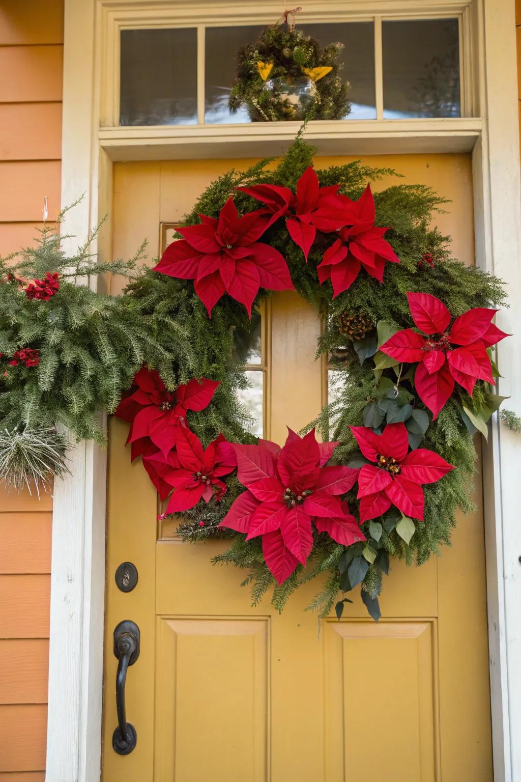 Poinsettias add a fresh twist to traditional wreaths.