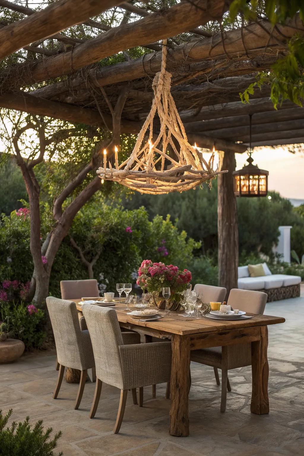 A driftwood chandelier adds elegance and rustic charm.